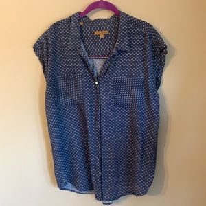 Blue with dots button down cap sleeve top
